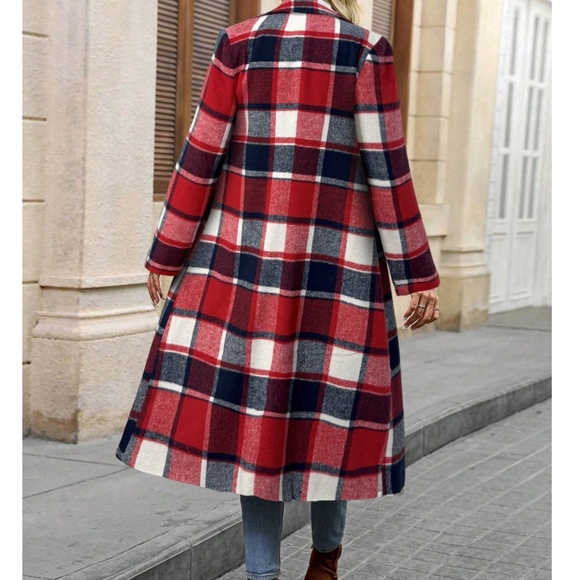 Classic Plaid Print Button Pockets Long Jacket Coat - Picture 11 of 12
